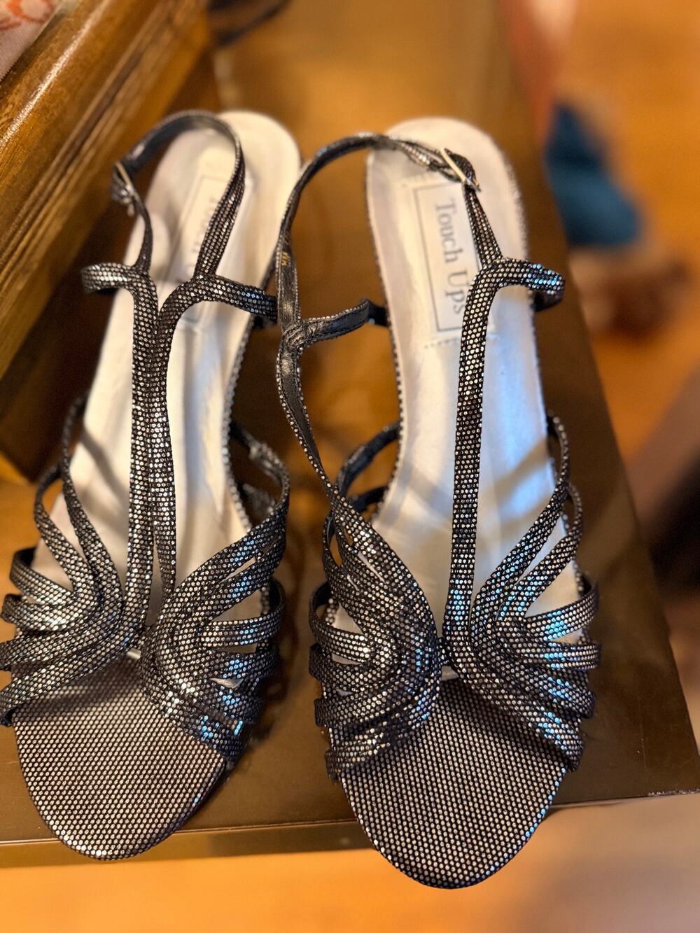 Touch Ups Rhinestone Strappy Kitten Heel Sandals Black Silver Womens 8M